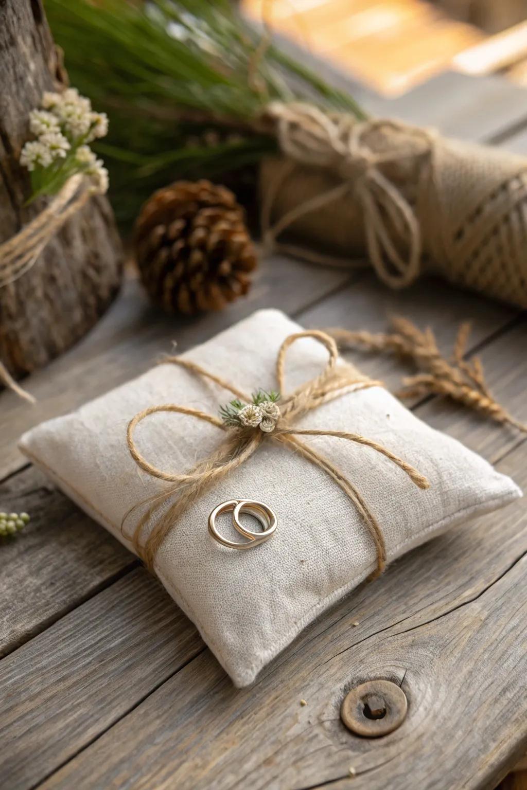 A minimalist pure linen wedding ring cushion with twine.