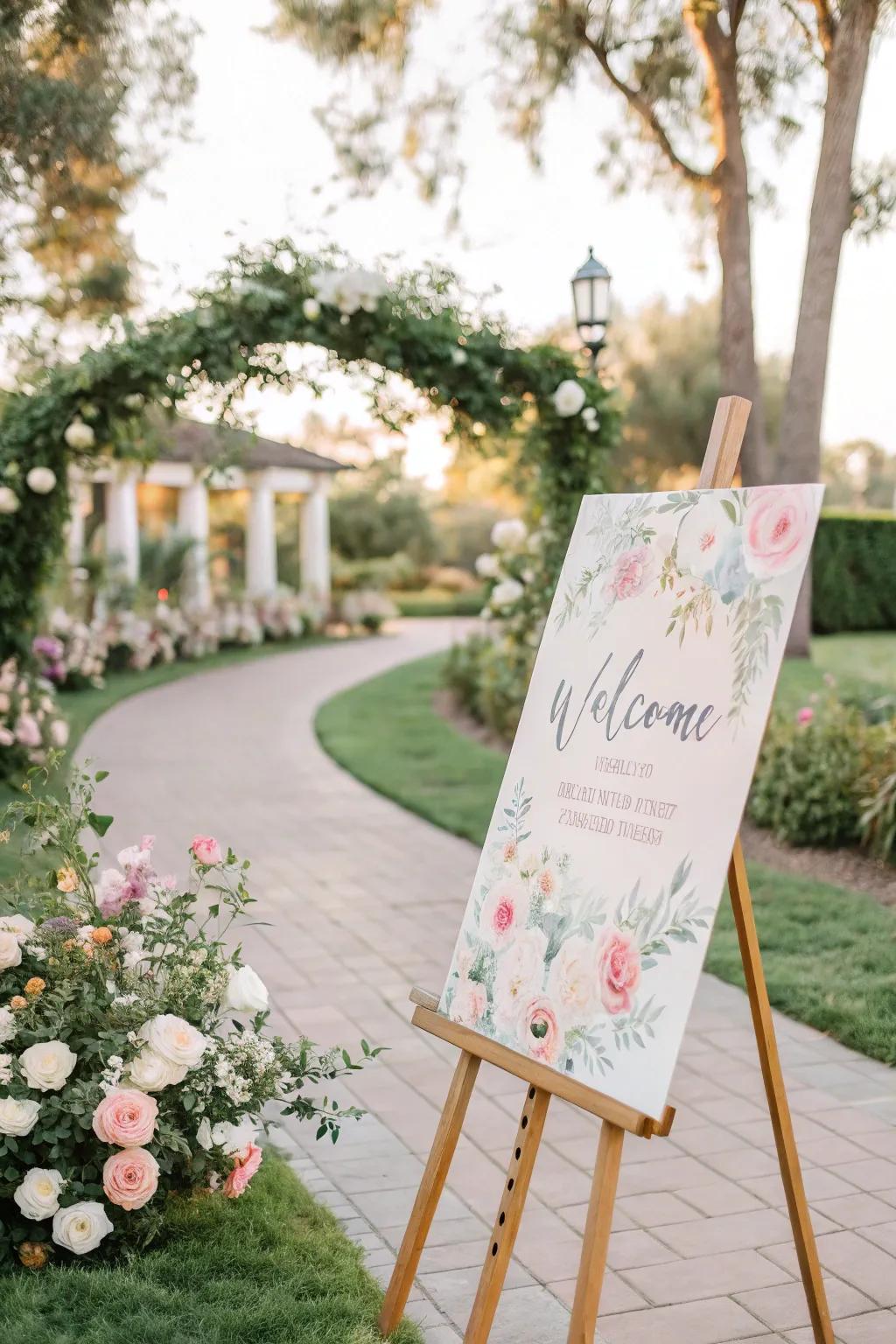 A fun watercolor welcome board featuring pastel shades, a great fit for a garden wedding.