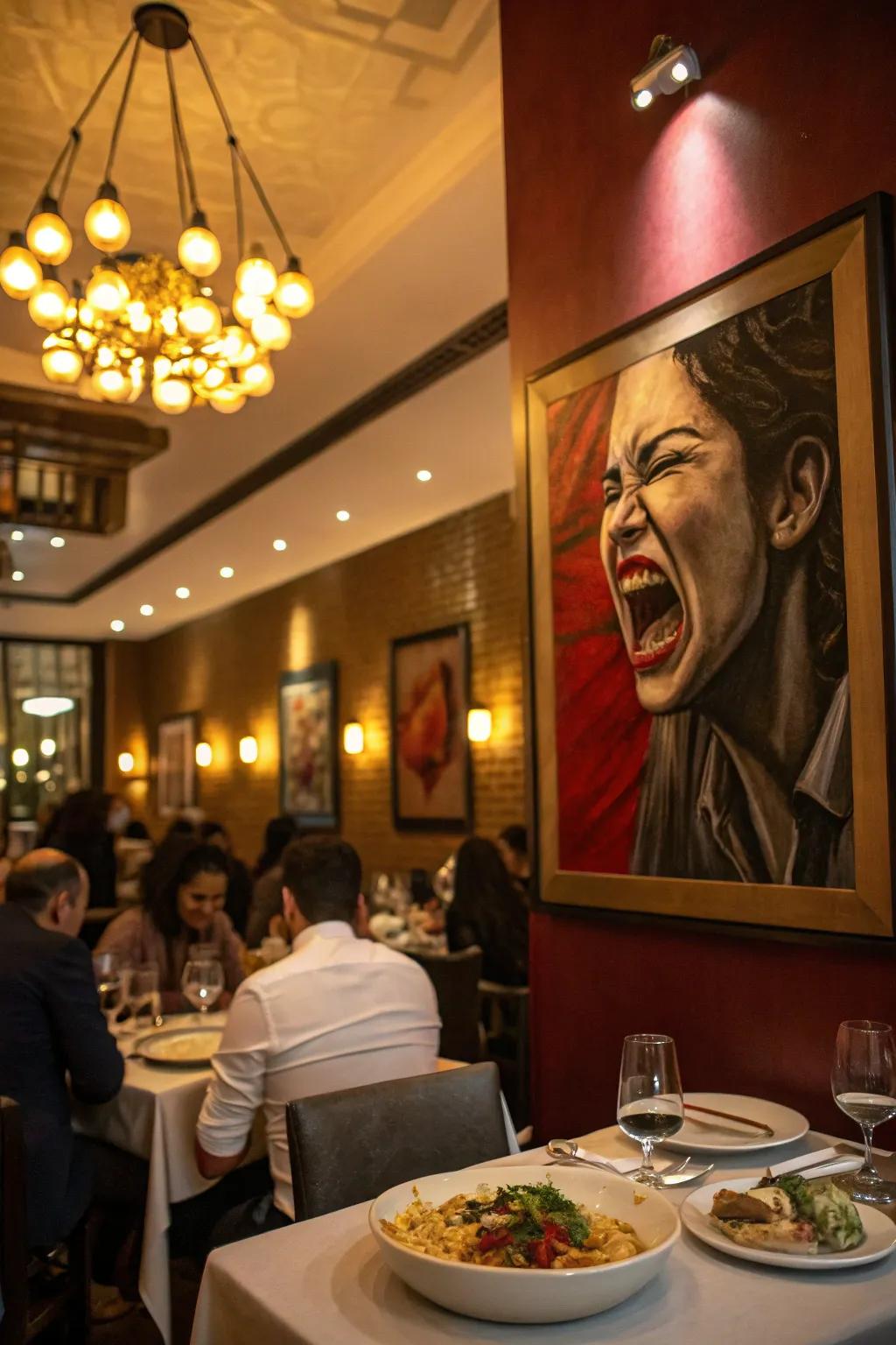 A face depicting heightened emotions, enriching a vibrant dining space with personality.