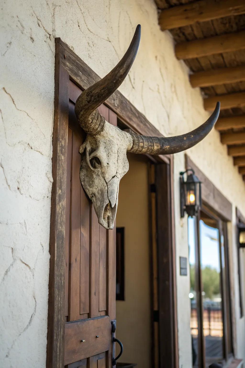 A bossy horn display elegantly showcased above a gateway.