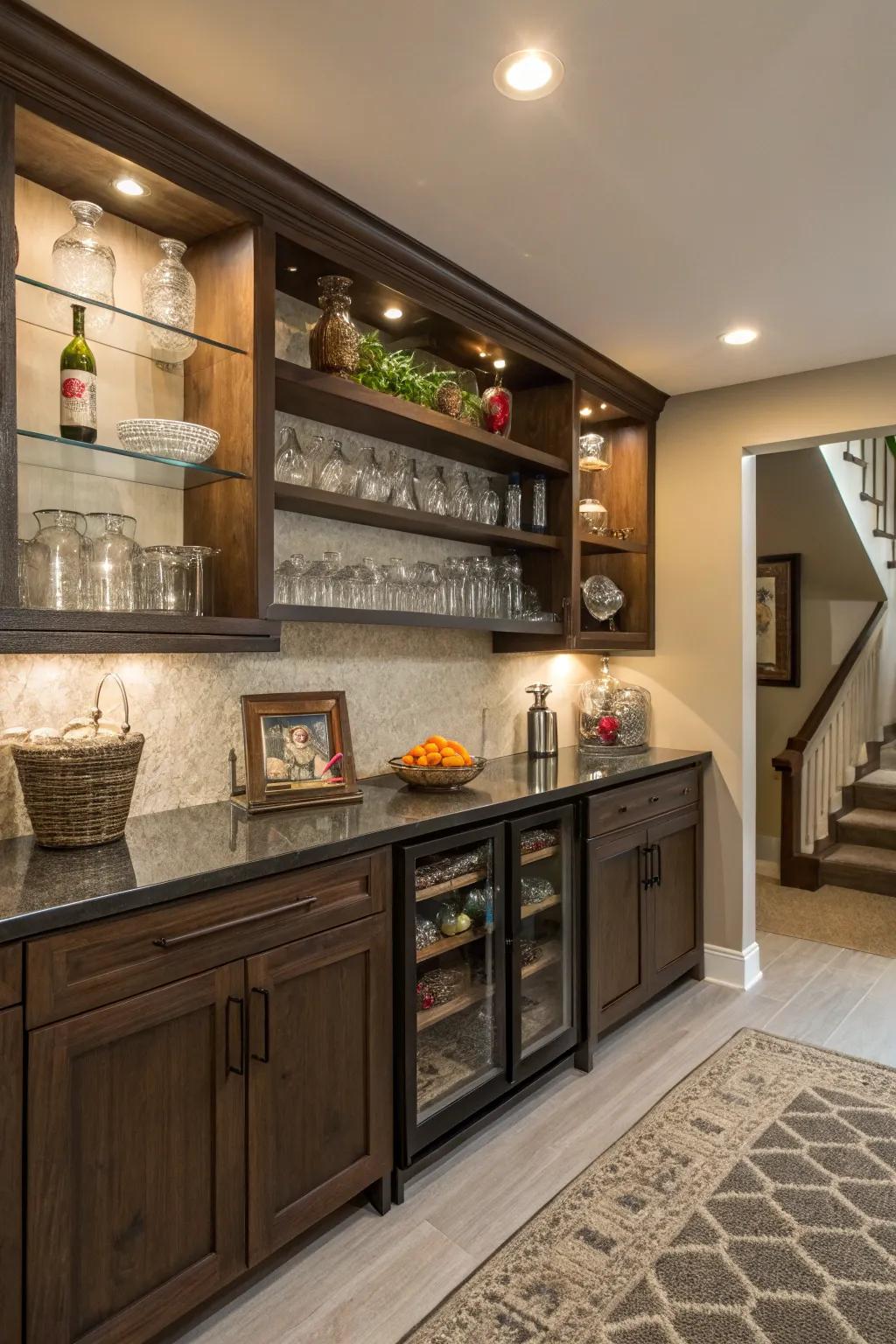 Open shelving offers a chance to showcase your favorite glassware and decor.