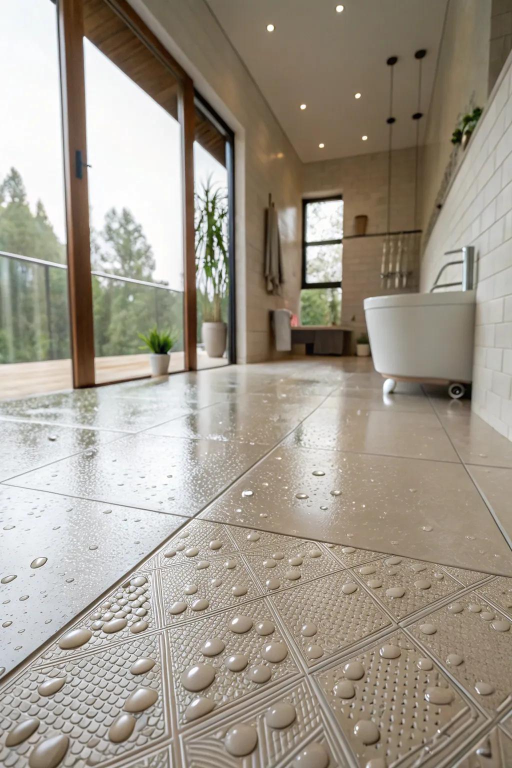 Textured tiles enhance well-being, sustaining a stylish design.