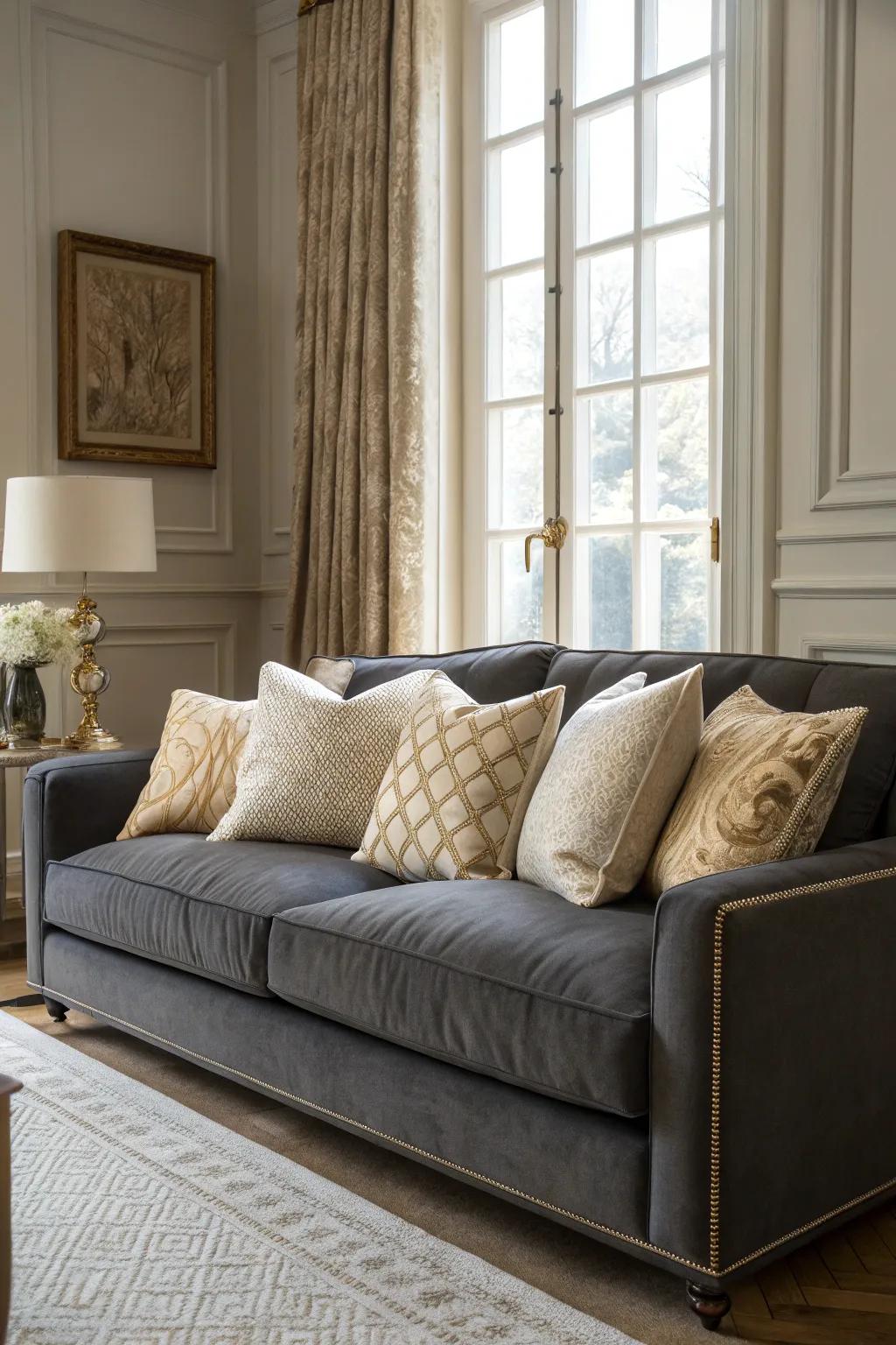 Neutral pillows in beige and cream create a sophisticated look on a dark grey couch.