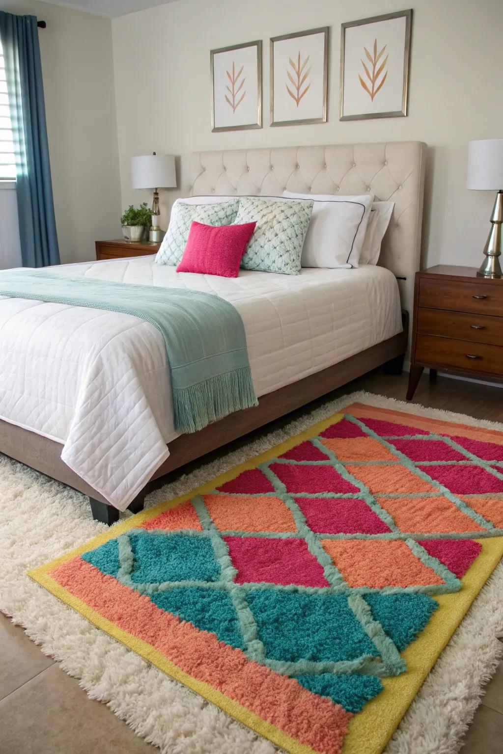 Two 4x6 rugs add an artistic and personalized impression to a distinctive bedroom design.