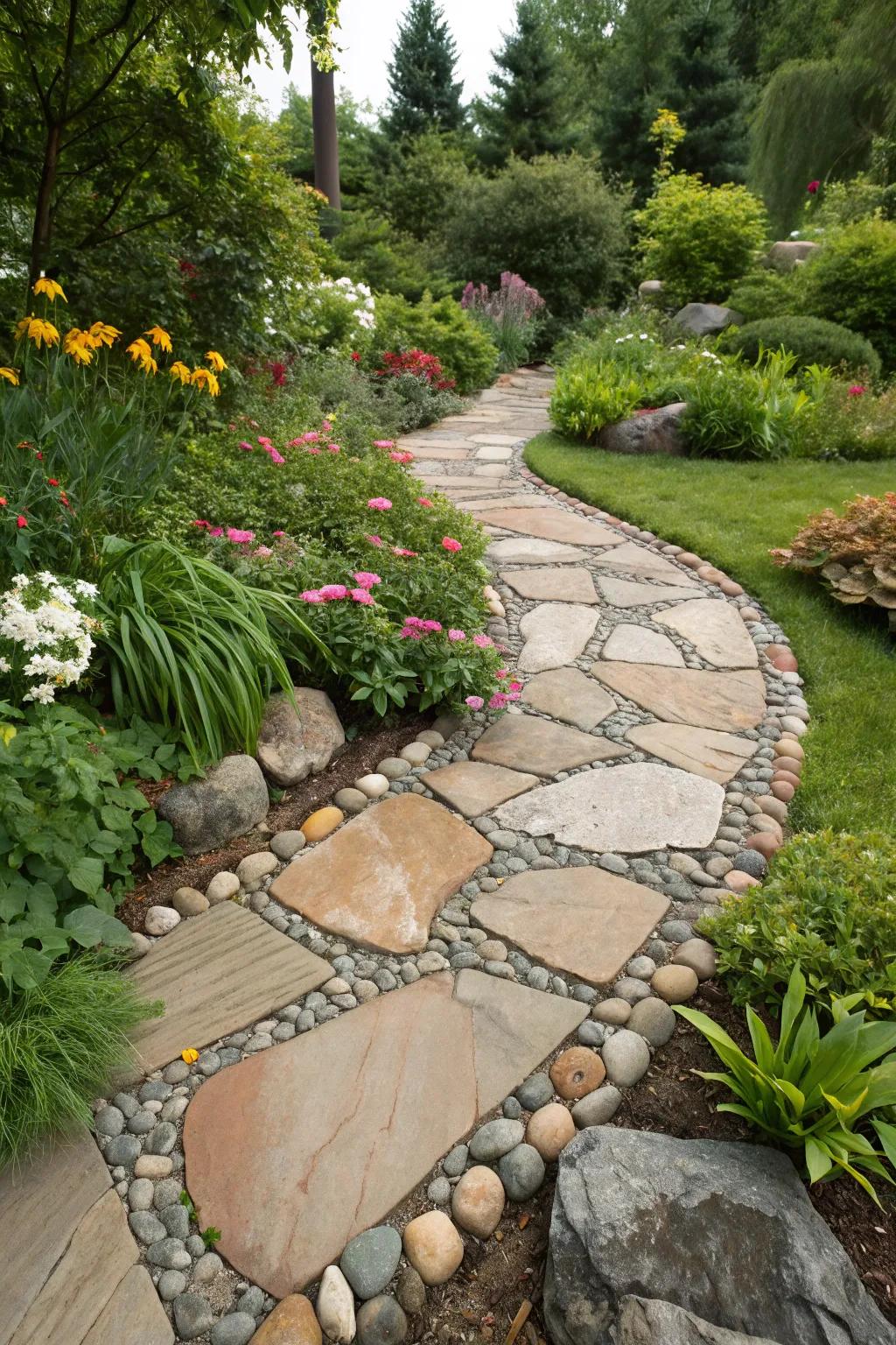 Ornamental stones contribute depth and individuality to a flagstone path.