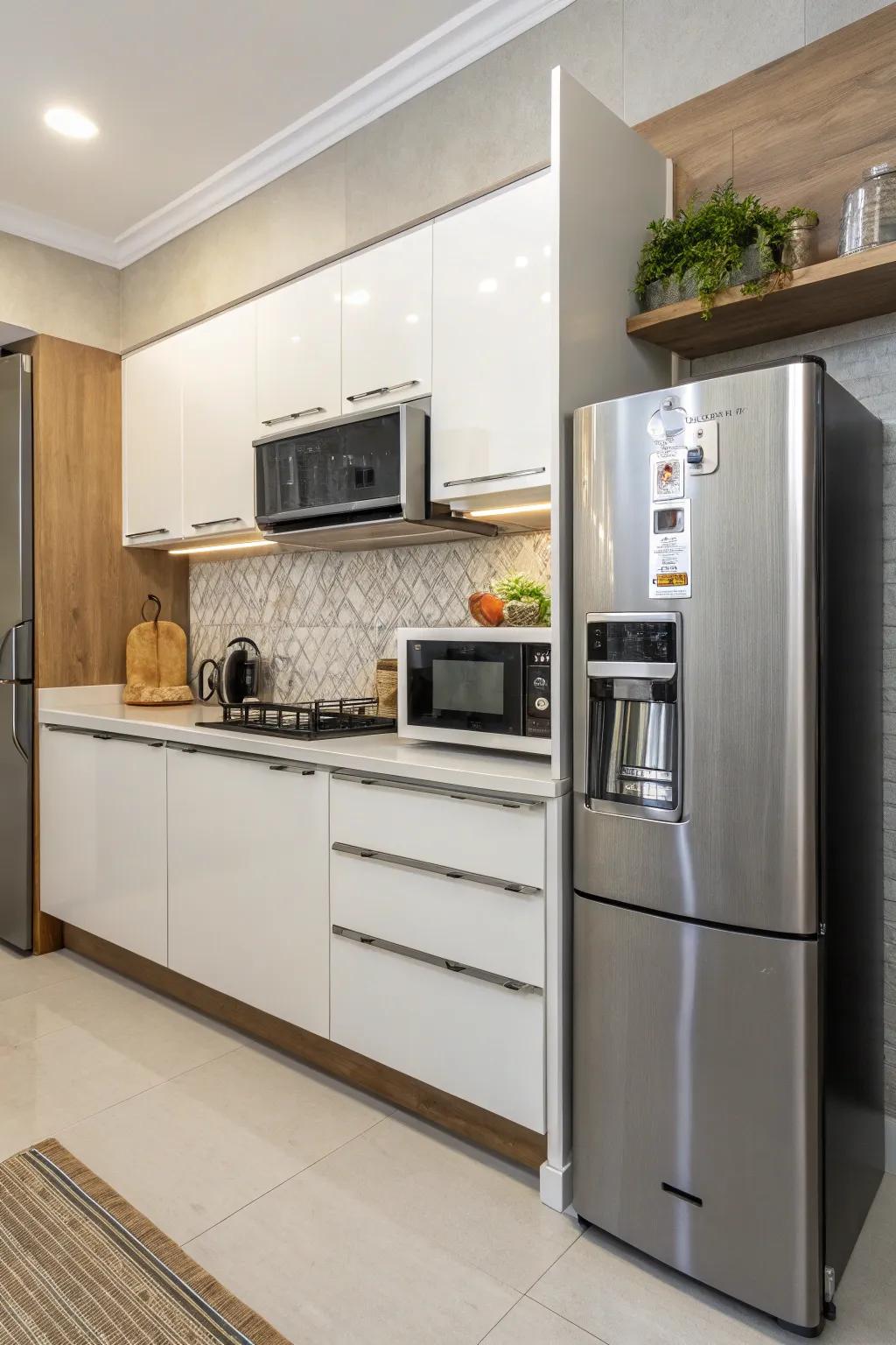 Positioning your microwave adjacent to the fridge streamlines your cooking space flow.