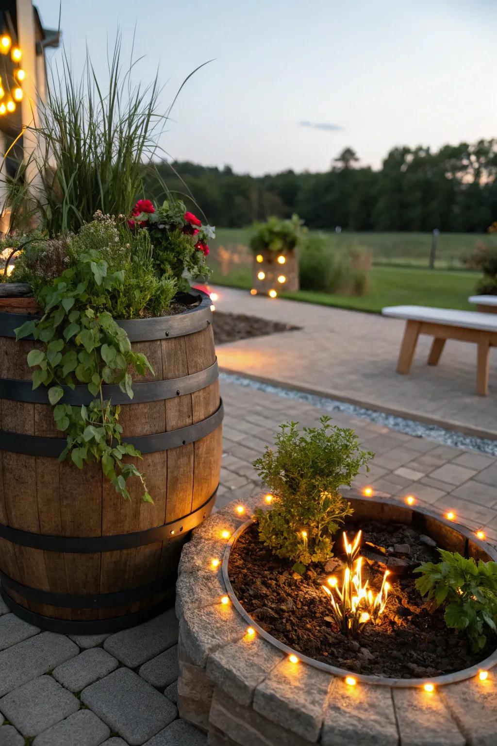 A snug fire pit accented by a refurbished cask pot and LED lights.