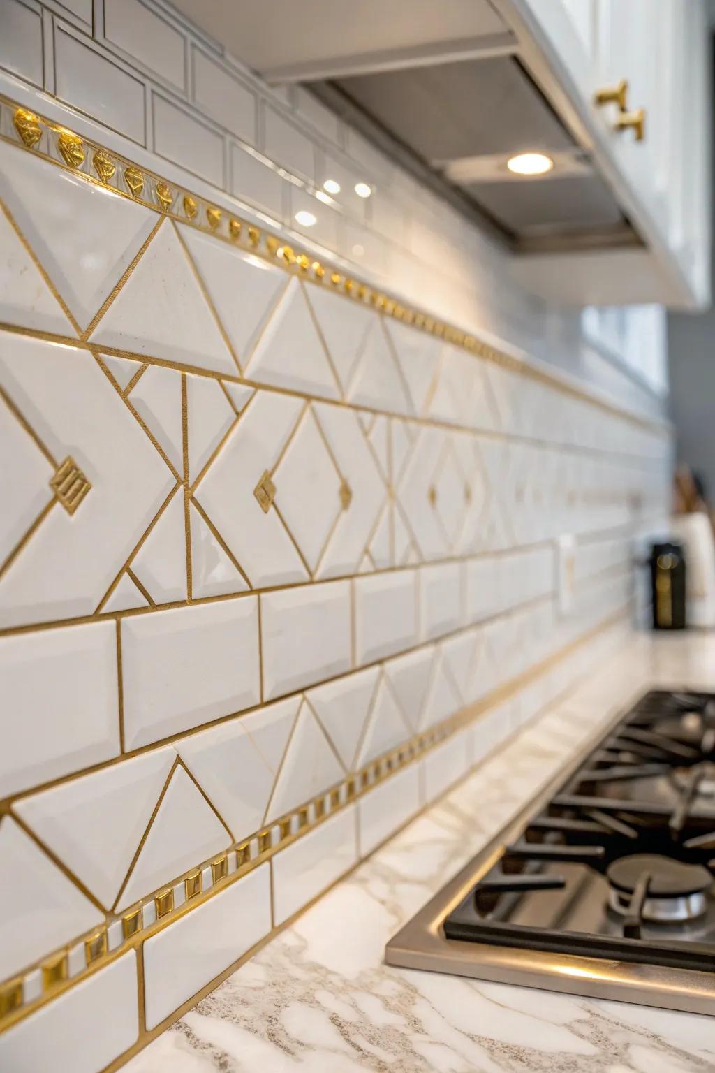 A light backsplash with gold touches ensures the kitchen remains bright and unified.