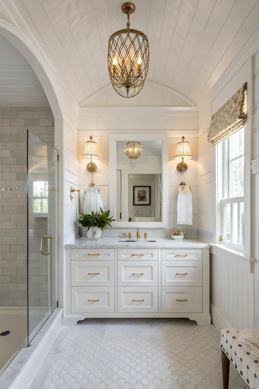 Delicate ornamental details elevate the elegance of this white bathroom.
