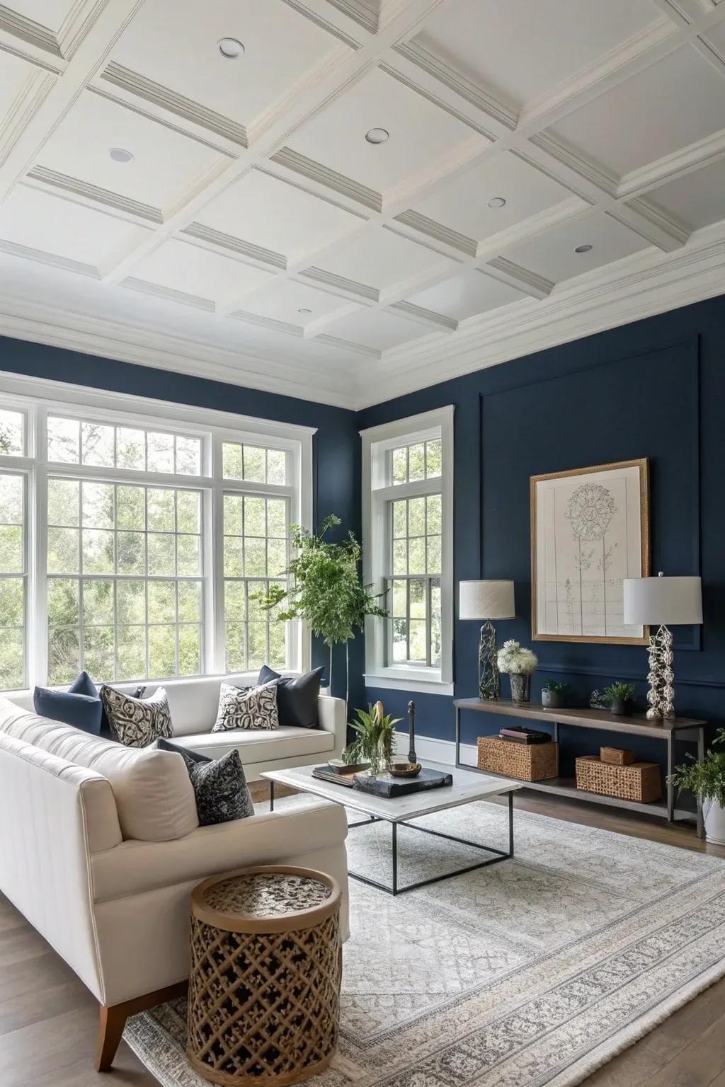 A living space featuring a white ceiling and striking wall shades that produce a stunning contrast.