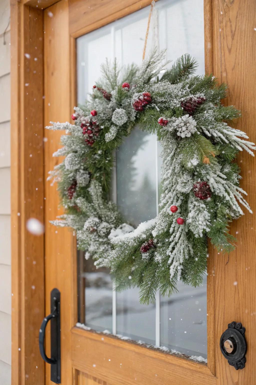 A white wreath establishes a festive and inviting atmosphere.