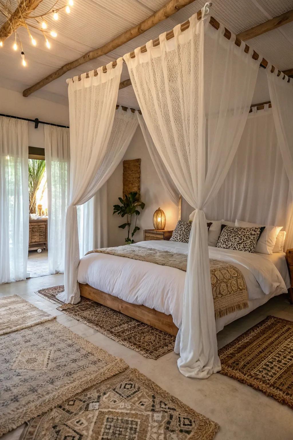 Plush elements paired with ivory drapes create a comfortable bedroom retreat.