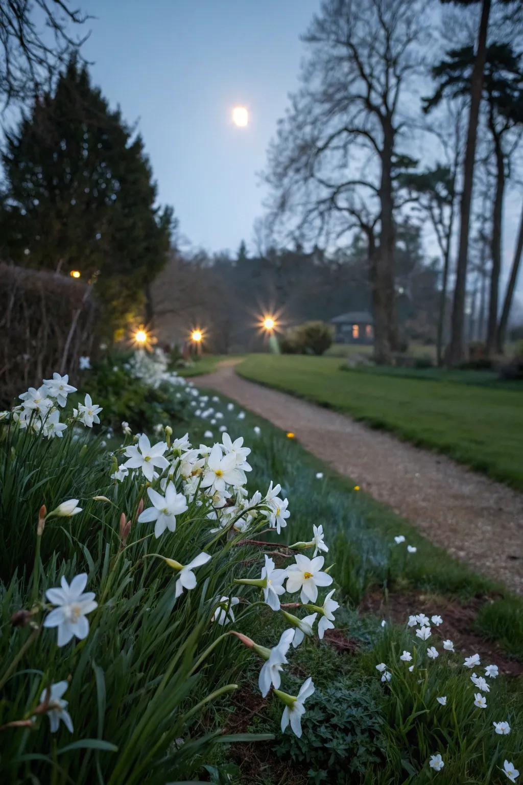 White flowers exhibit a radiant glow under moonlight, creating an enchanting garden ambiance.