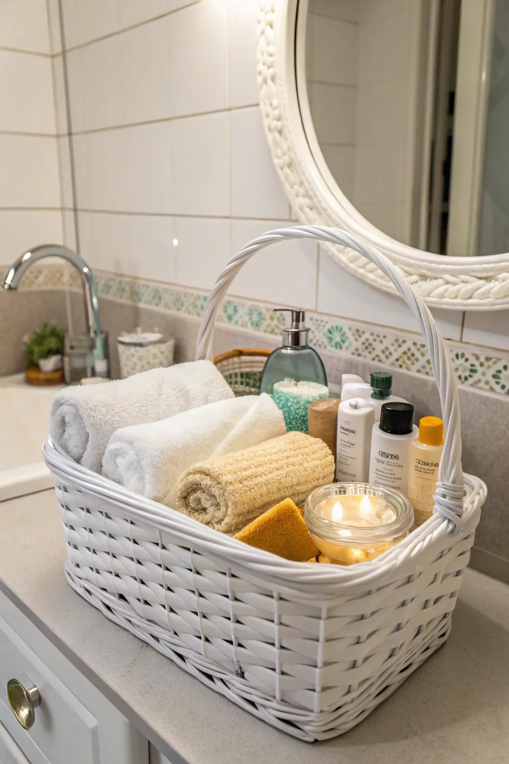 A luxurious bathing experience white gift basket, your ticket to supreme relaxation.