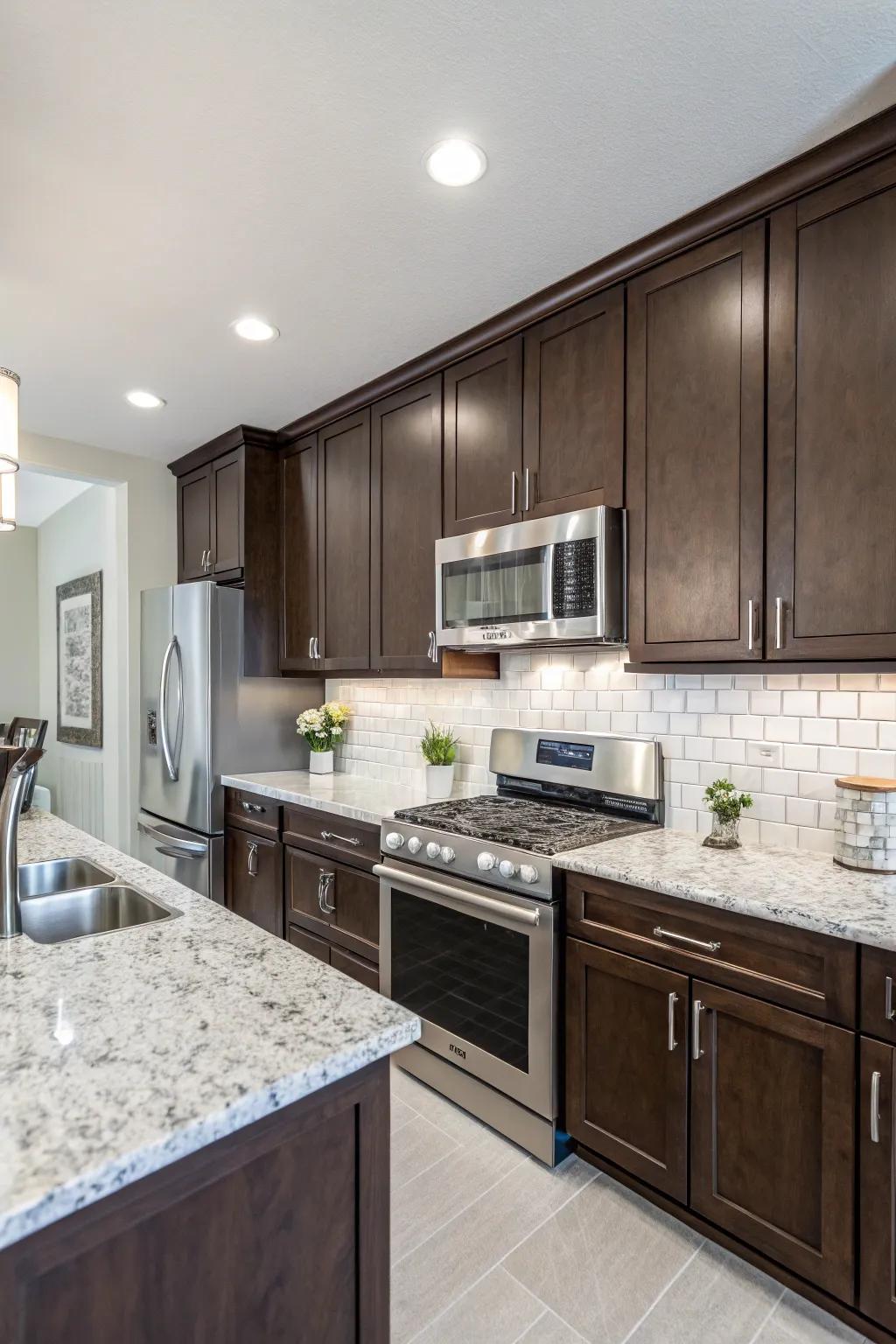 Dark cabinetry unveils the subtle beauty of the white ice granite.