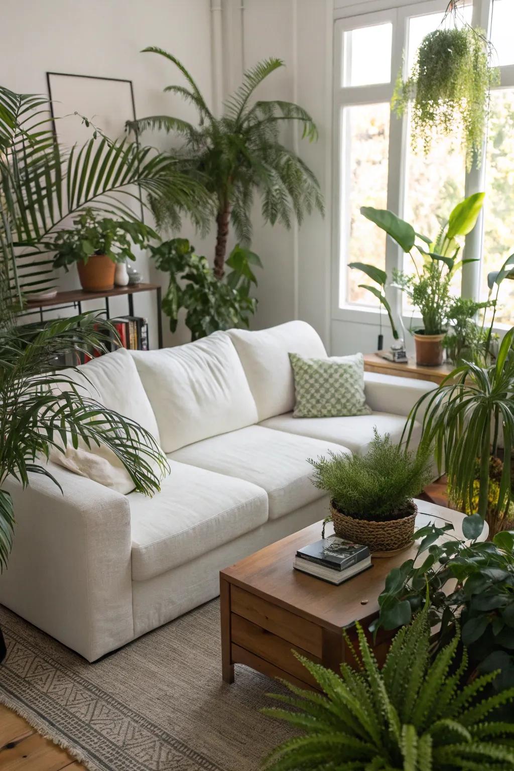 Lush greenery complements a white modular sofa.