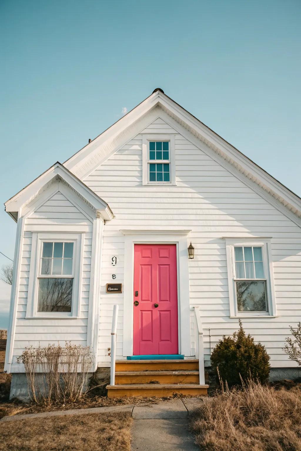 A white vinyl siding residence with a playful, brightly colored main doorway.