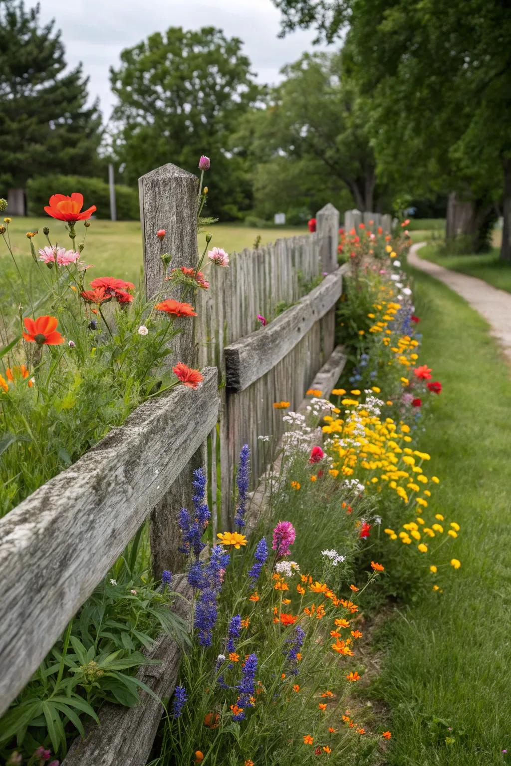 A dynamic wildflower border, breathing life into fences with its vibrant essence.