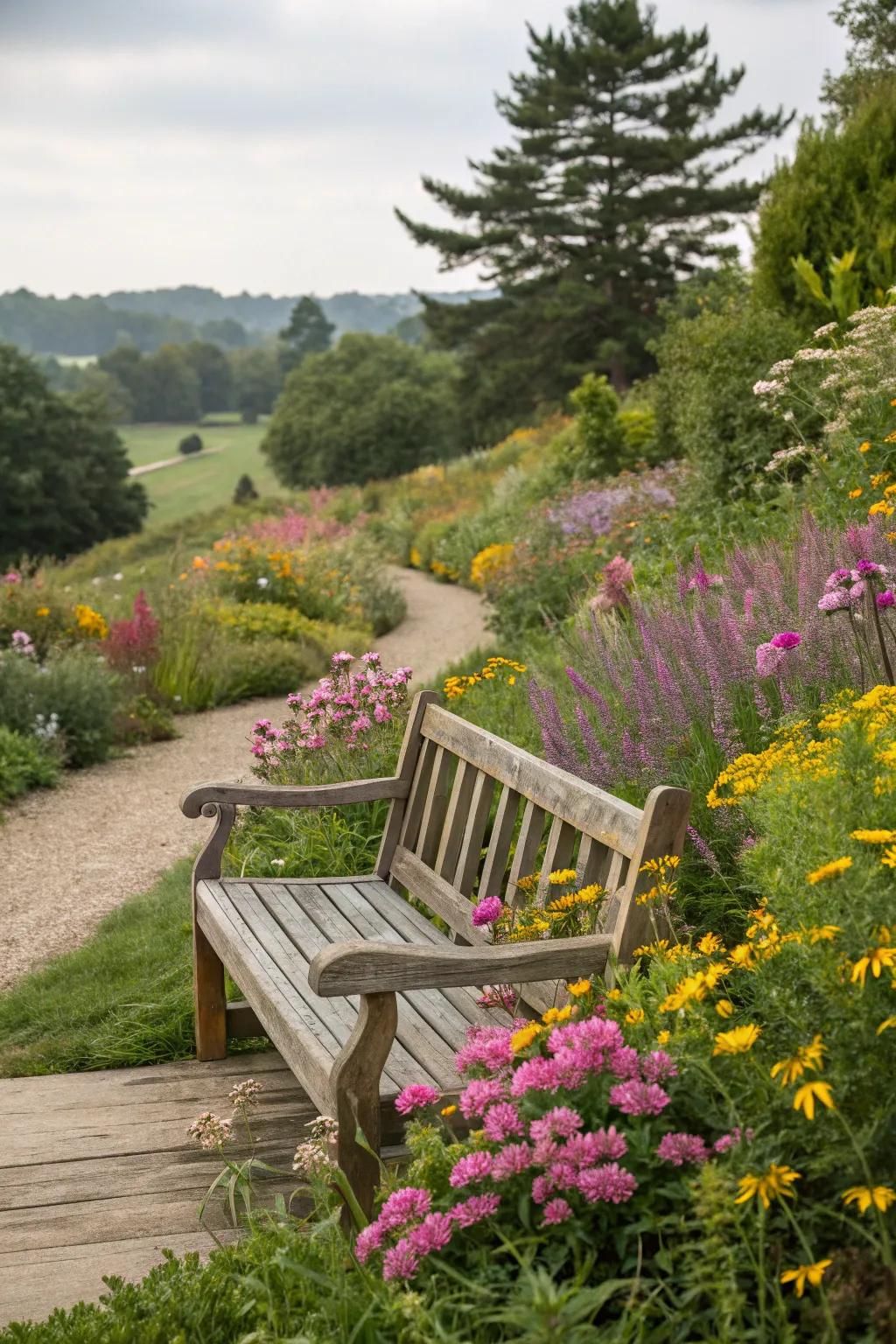 An inviting seating space encircled by nature's beauty.