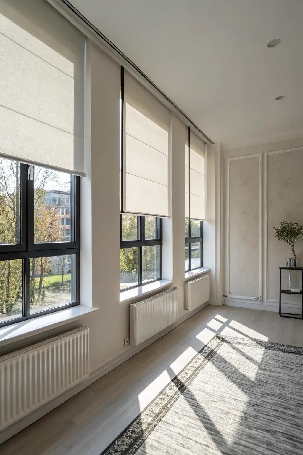 Minimalist roller blinds enhancing simplicity in a study.