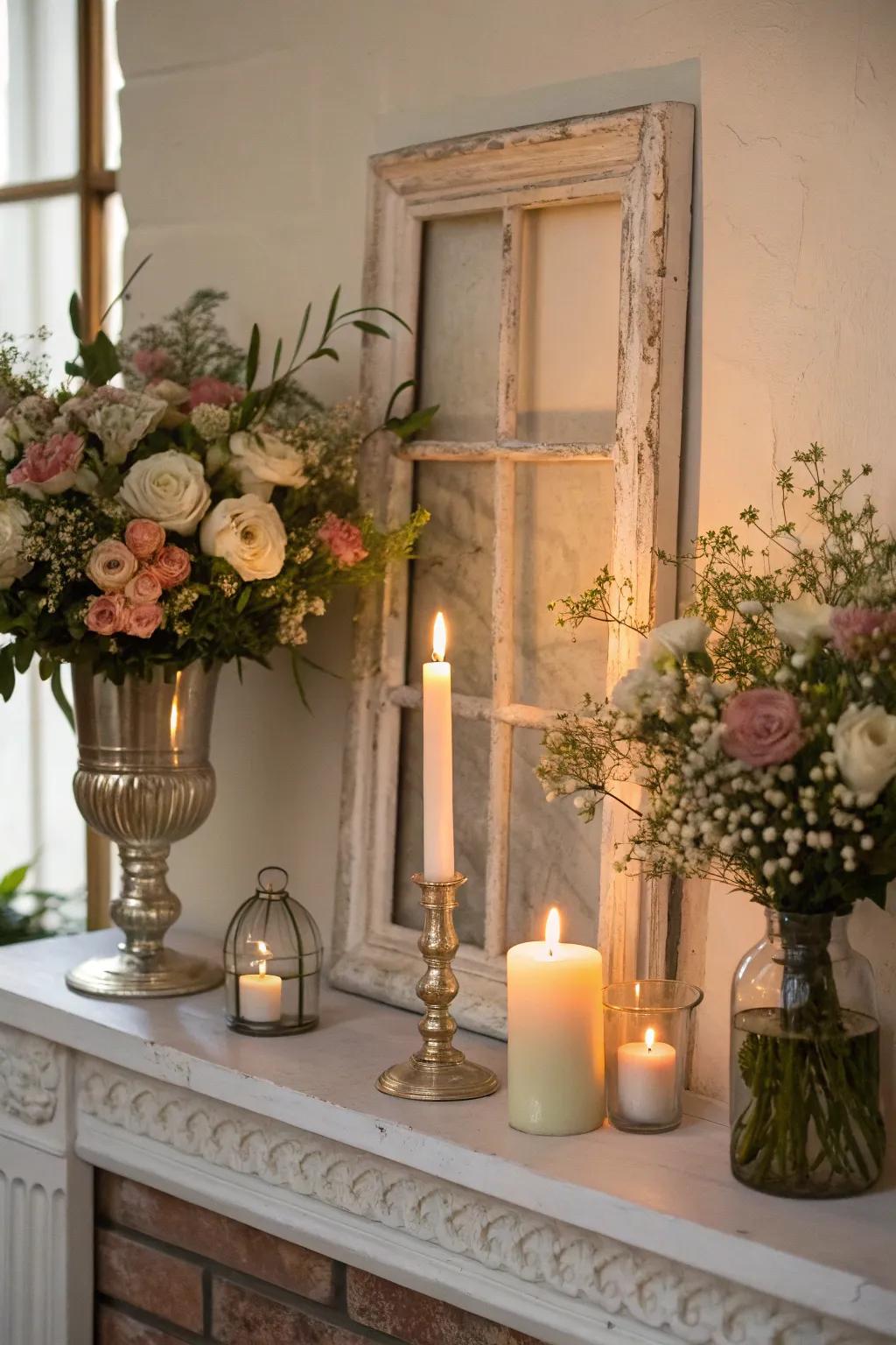 Window frames lift fireplace displays with visual charm.