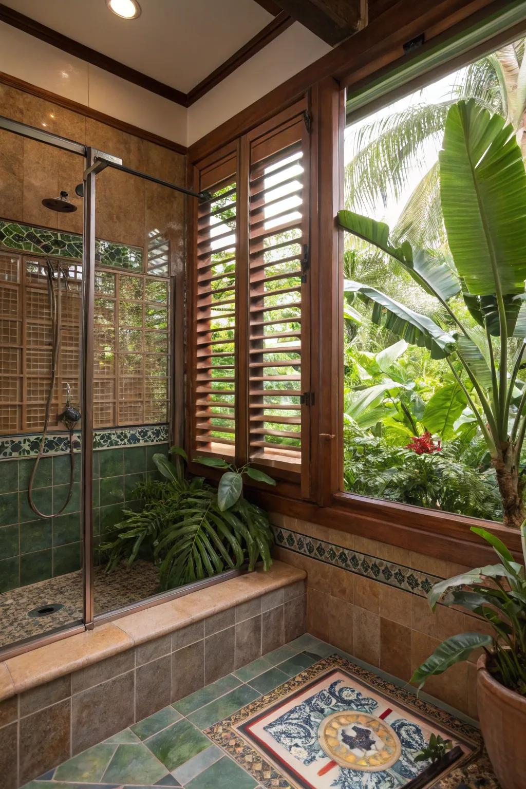 Jalousie windows deliver an indoor-outdoor sensation to the shower area.