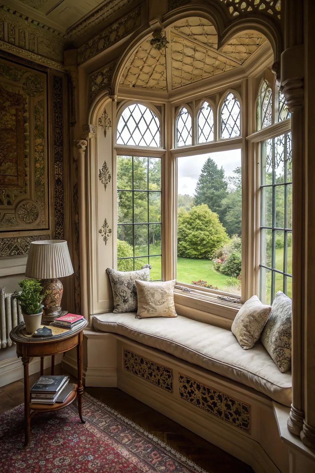 A bay window seat that uses the architectural style of the room.
