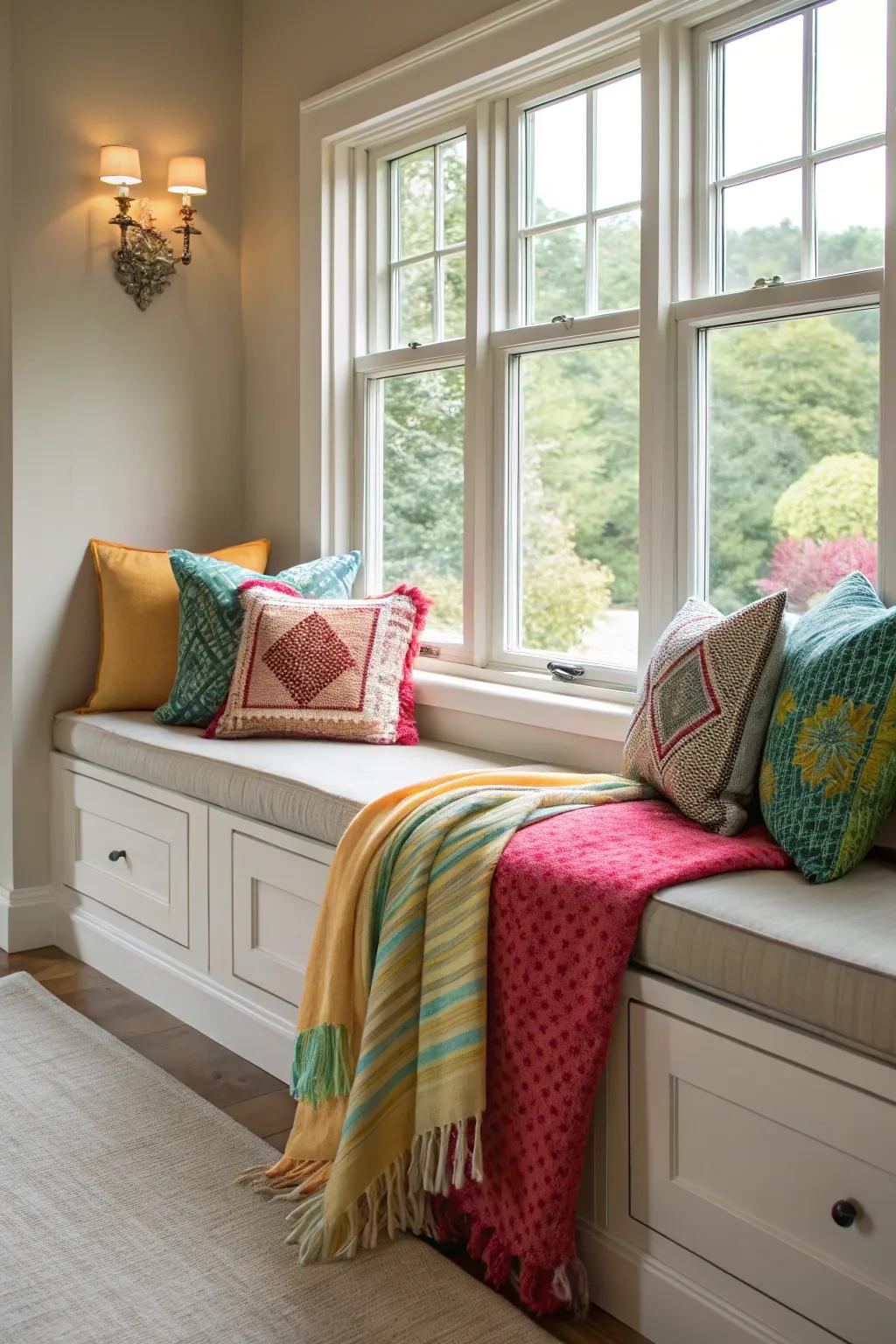 Using colorful fabrics makes your window seat cheerful and welcoming.