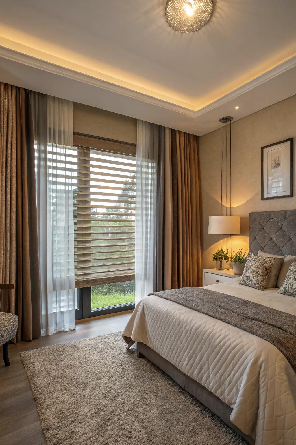Mix together Venetian blinds and drapes for a layered, versatile visual.