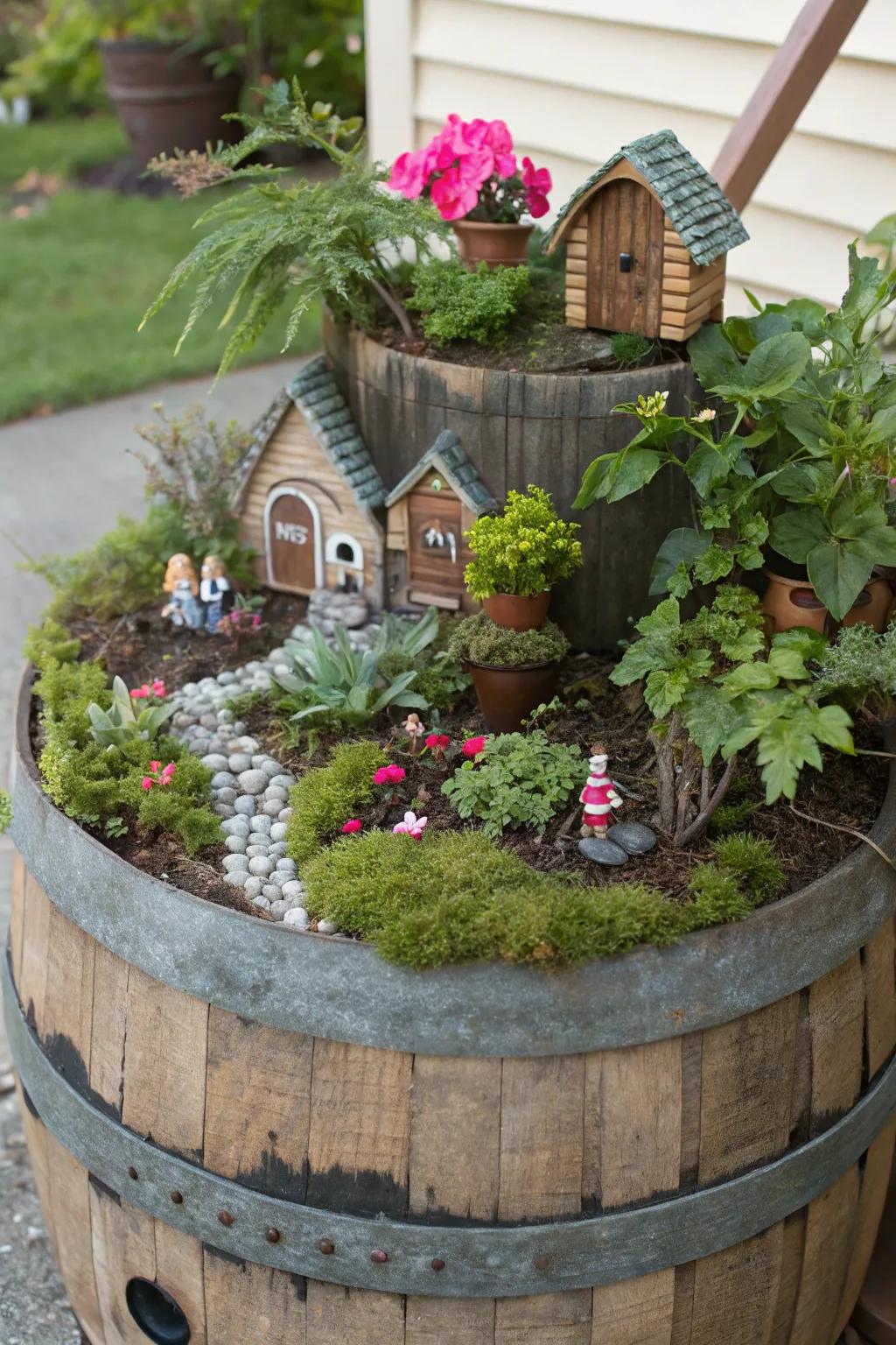 An enchanting fairy garden nestled inside a wine barrel.
