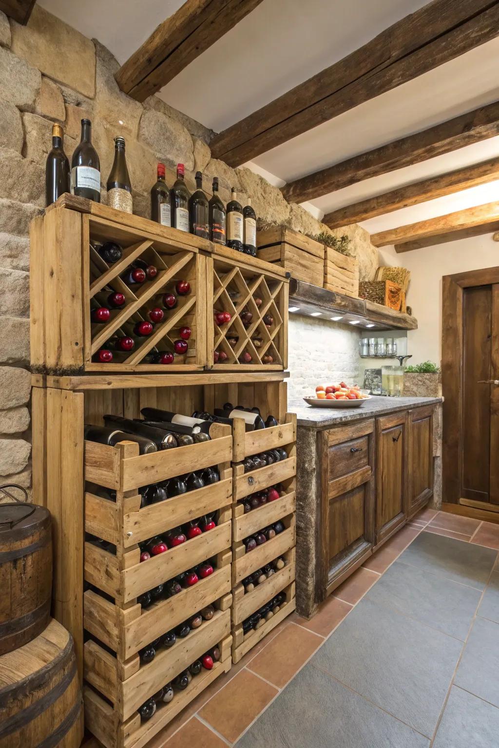 A storage system crafted from nostalgic crates, contributing an air of vintage charm.