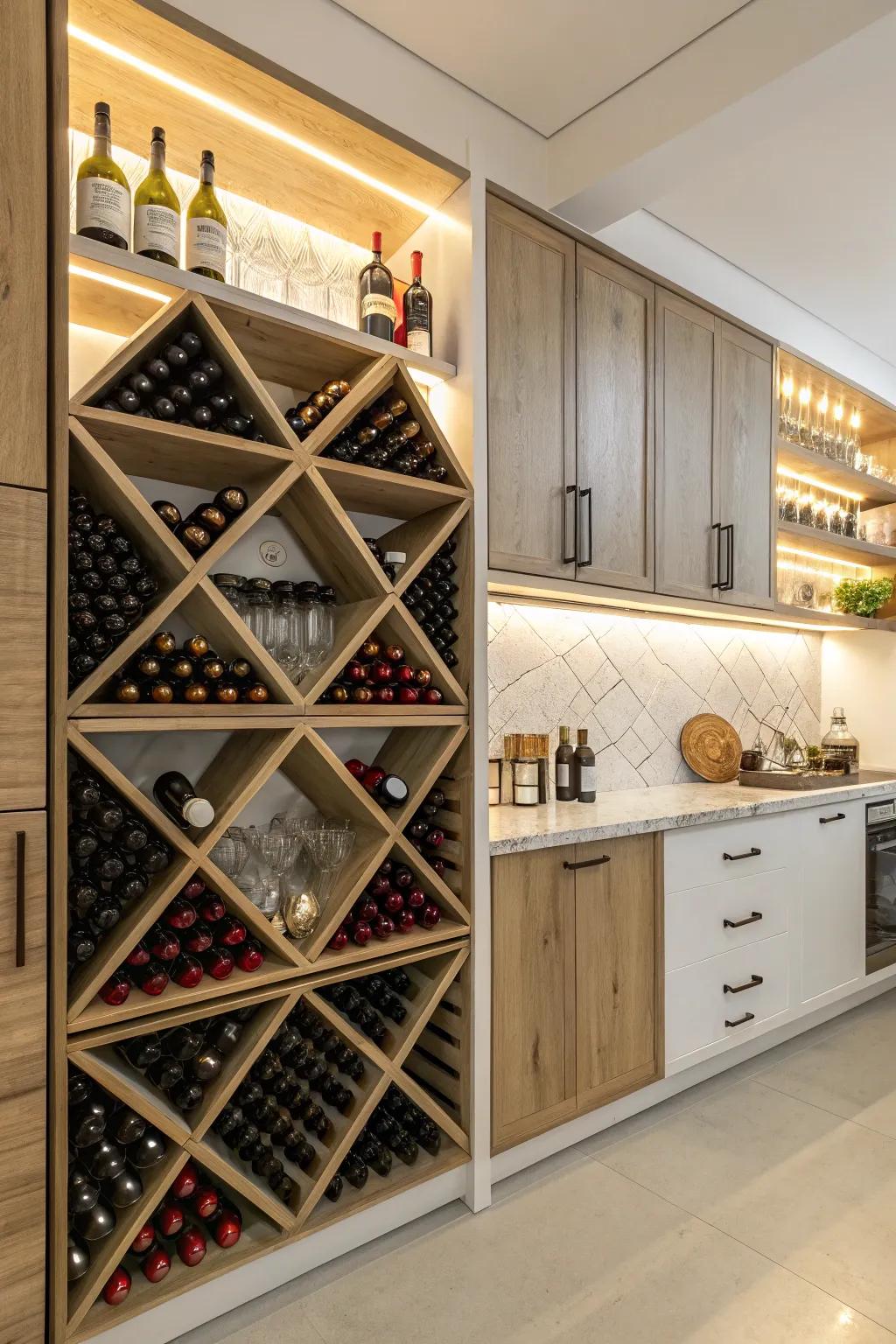 Intersecting shelving merges style and functionality seamlessly.