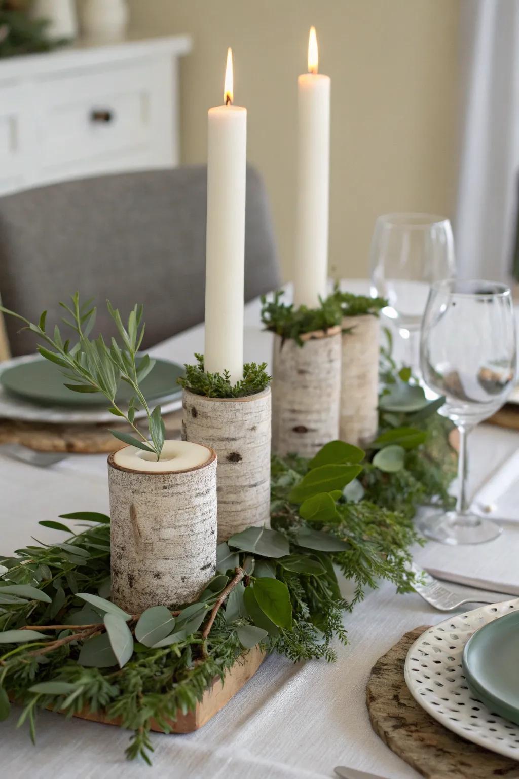 Rustic appeal presented with silver birch taper stands.