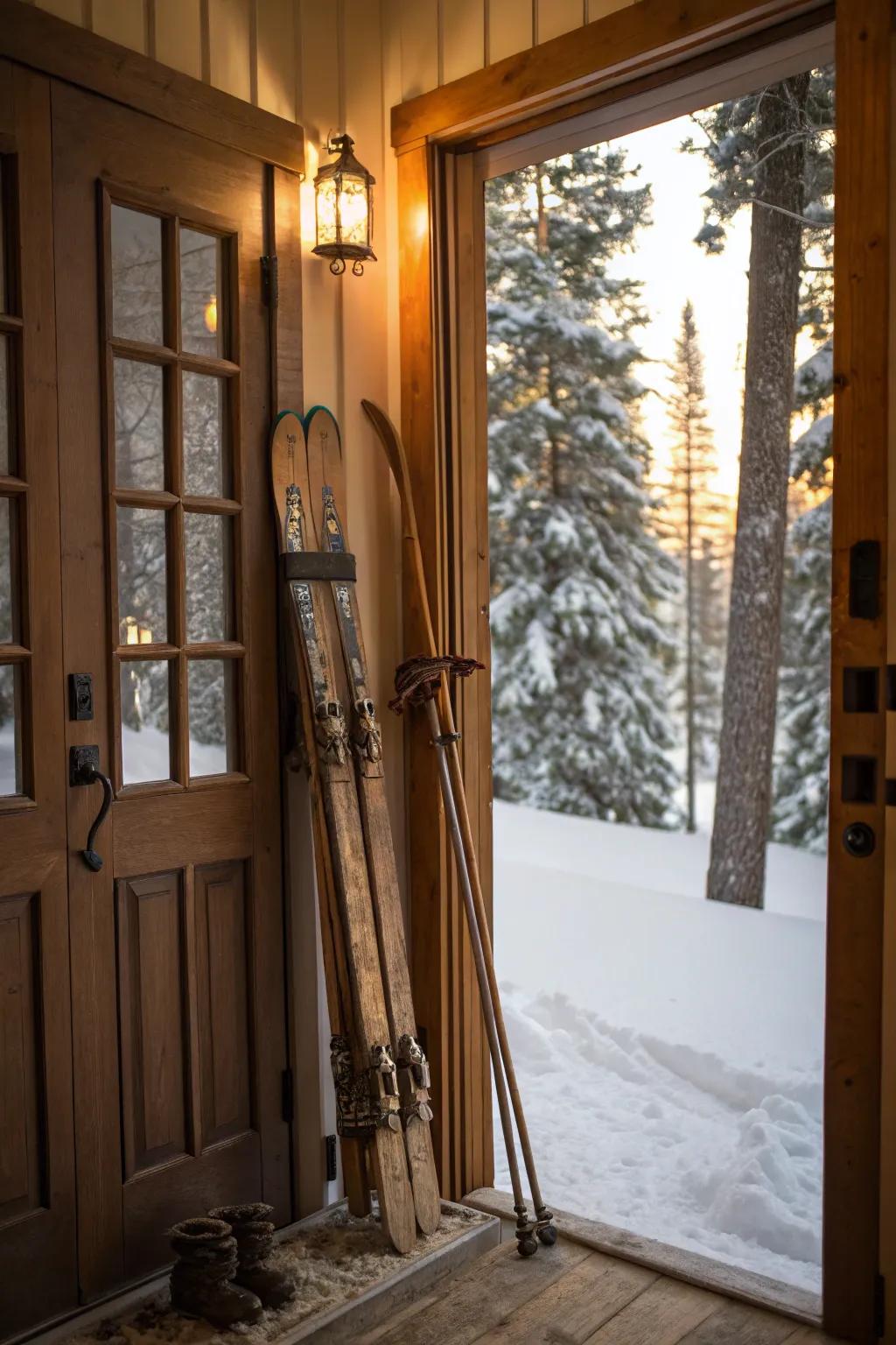 Vintage skis evoke a snug, rustic mountain cabin feel.