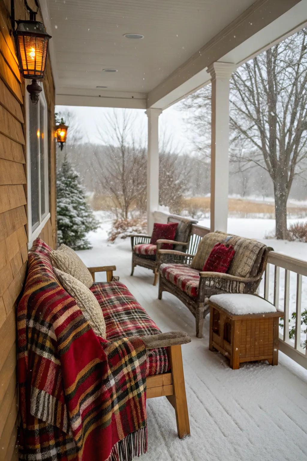 Snug textiles on a winter porch's seating space.