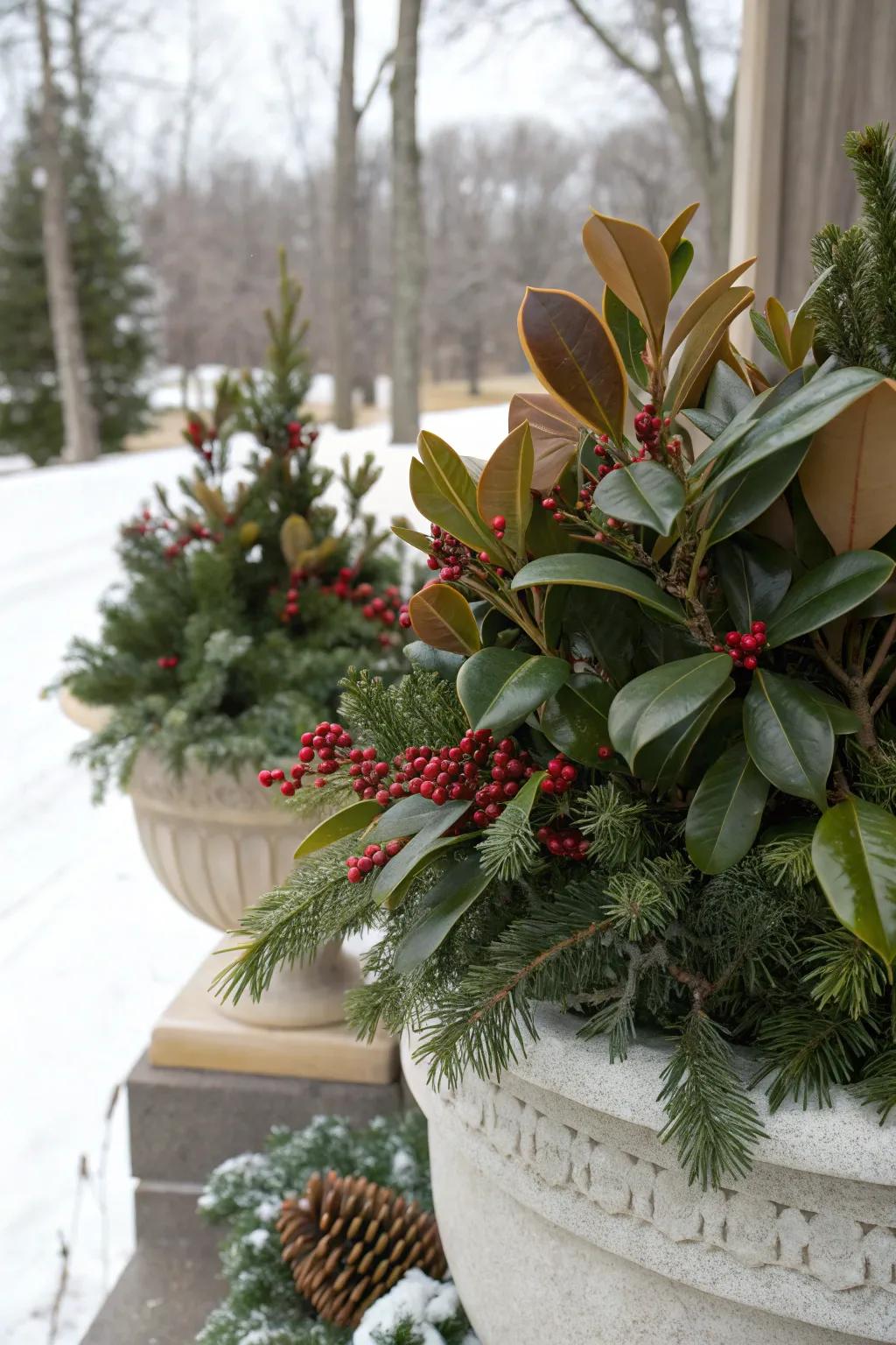 Magnolia foliage lends an elegant touch with its impressive contrast.