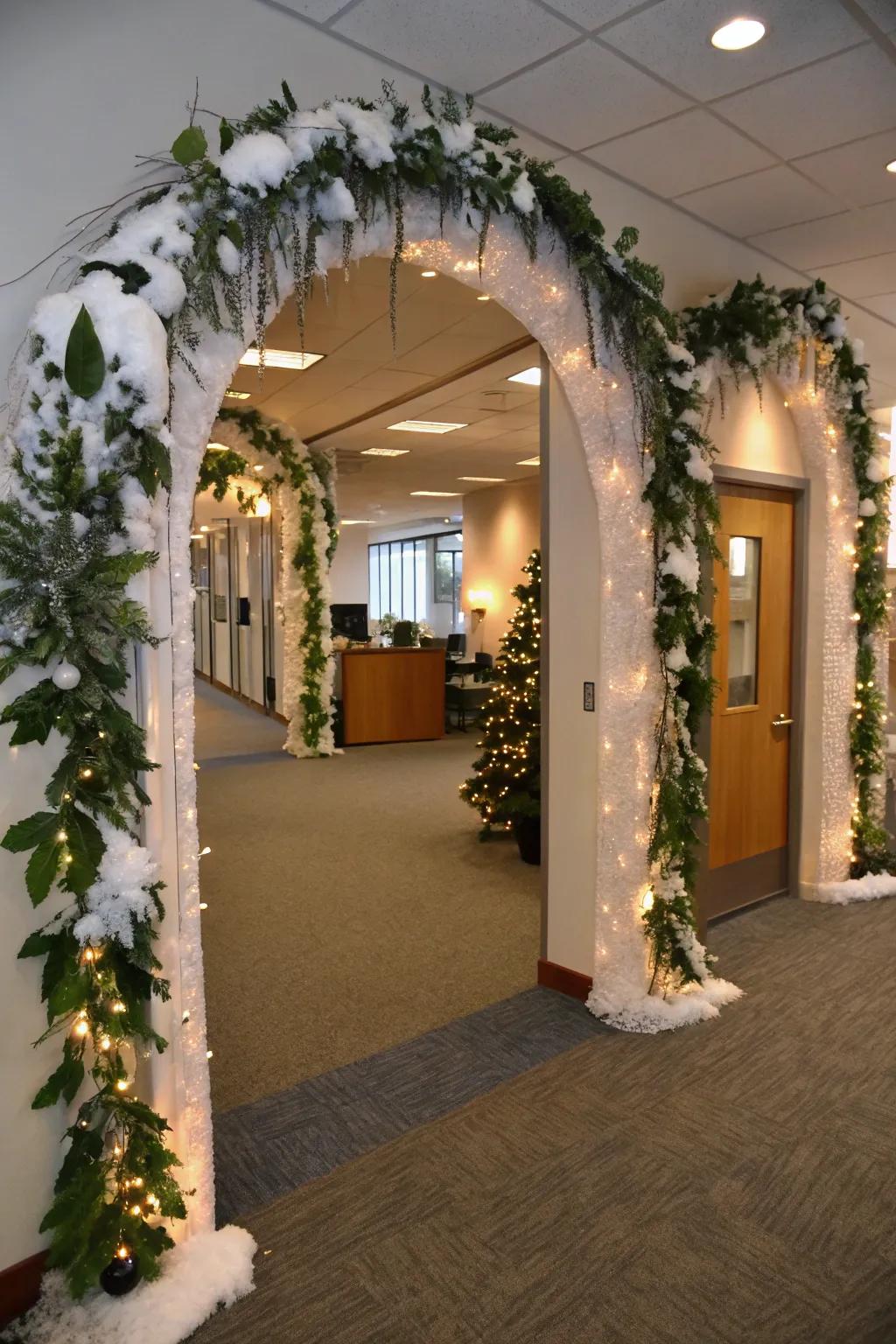 Snowy arches craft an inviting entry into your winter wonderland office.