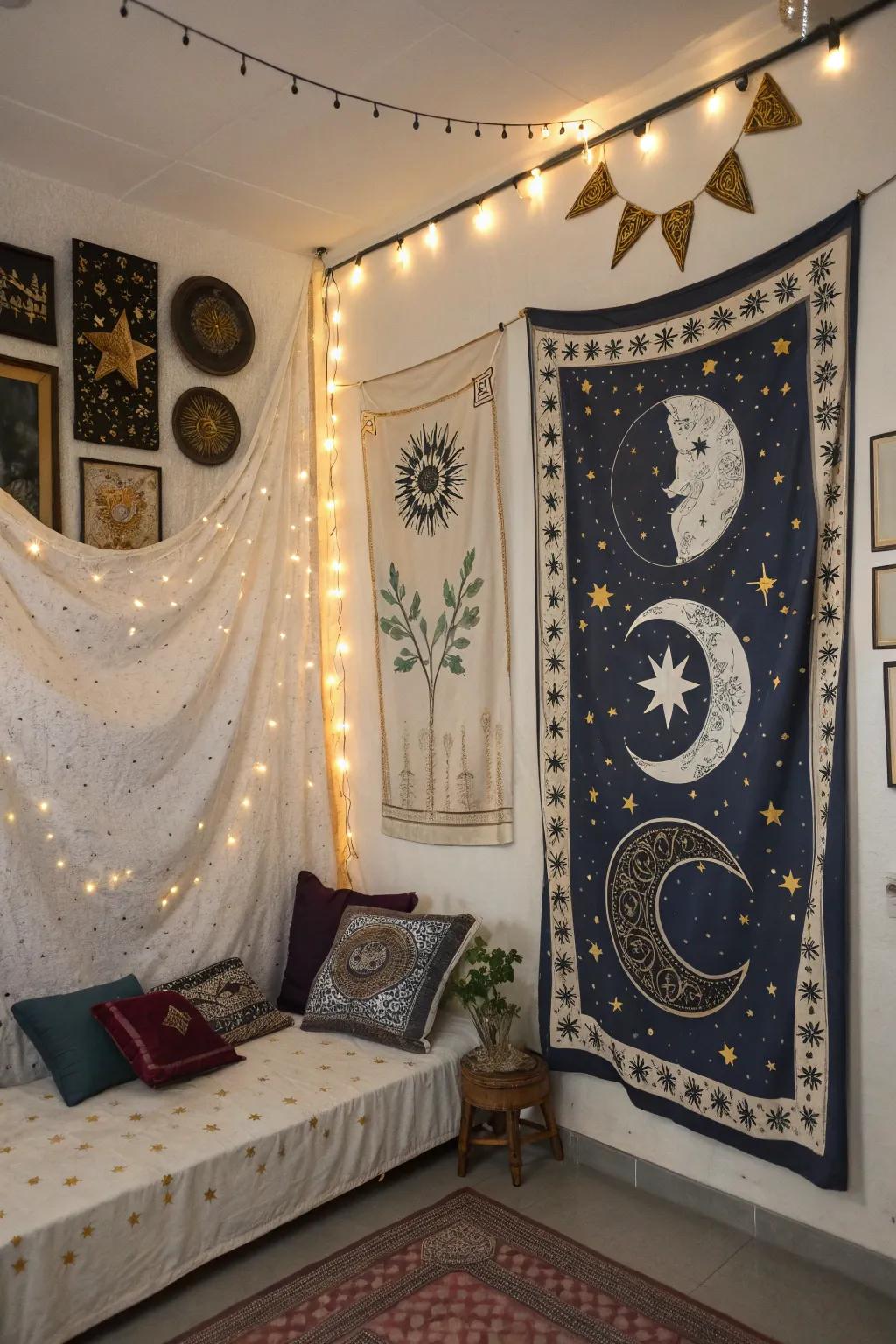 Celestial symbols contribute a mystical nuance to your witch room d&eacute;cor.