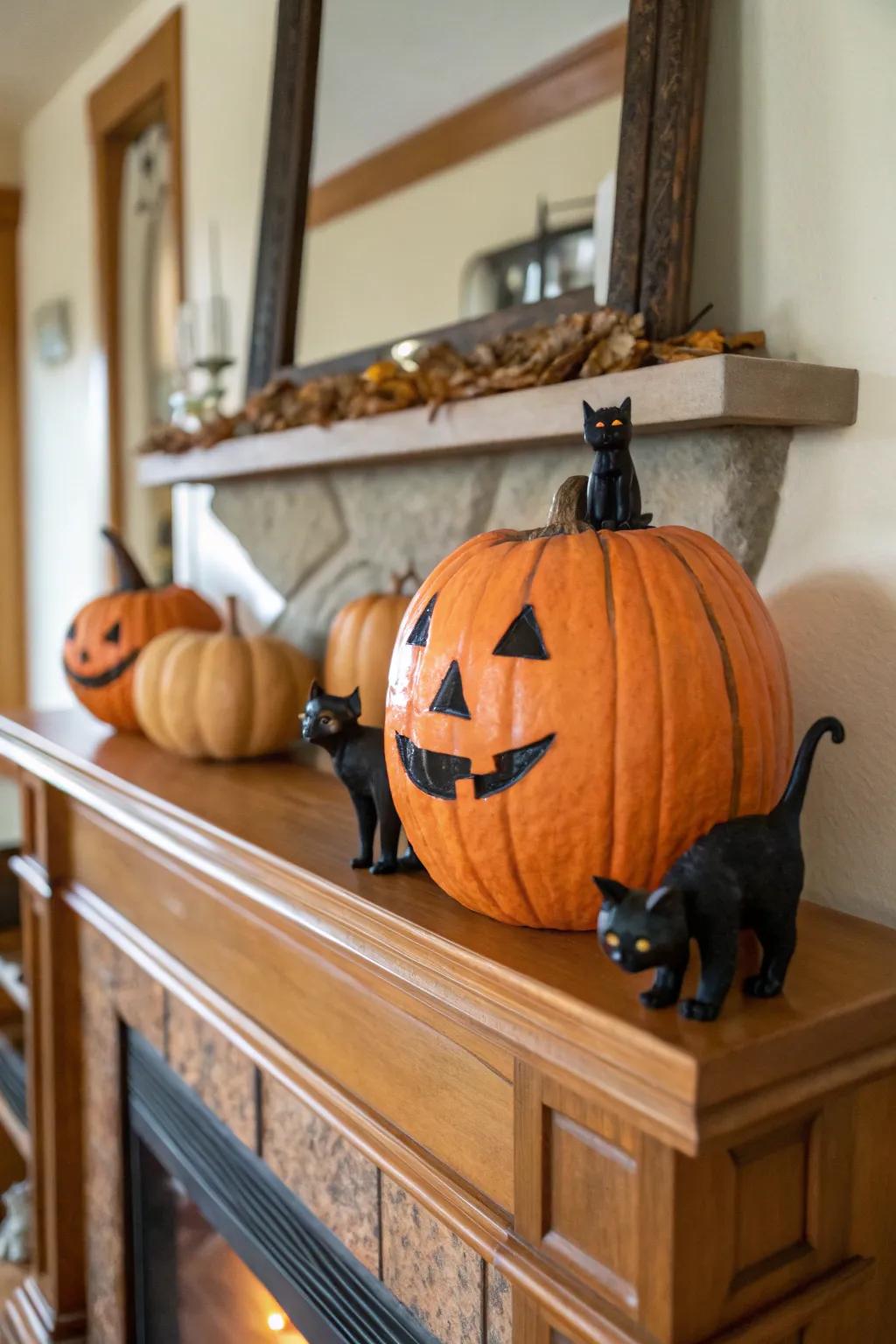 Pumpkin accompanied by mysterious ebony cats.