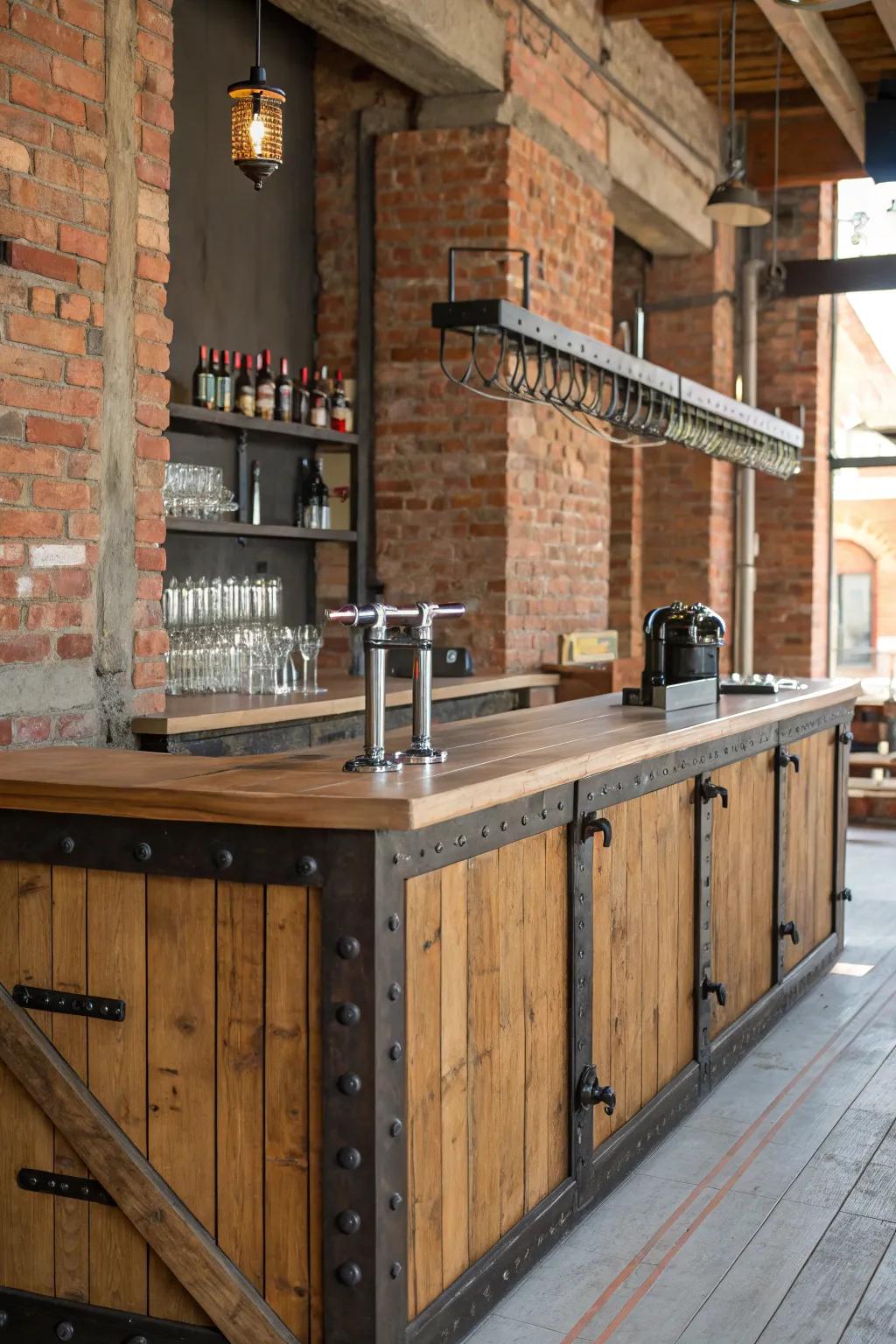 A factory-inspired bar mixing wood and metal pieces.