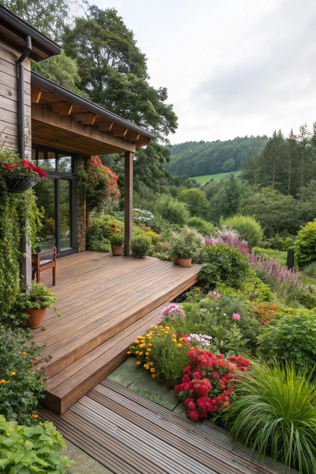 Your deck and garden are combined to create a harmonious outdoor area.