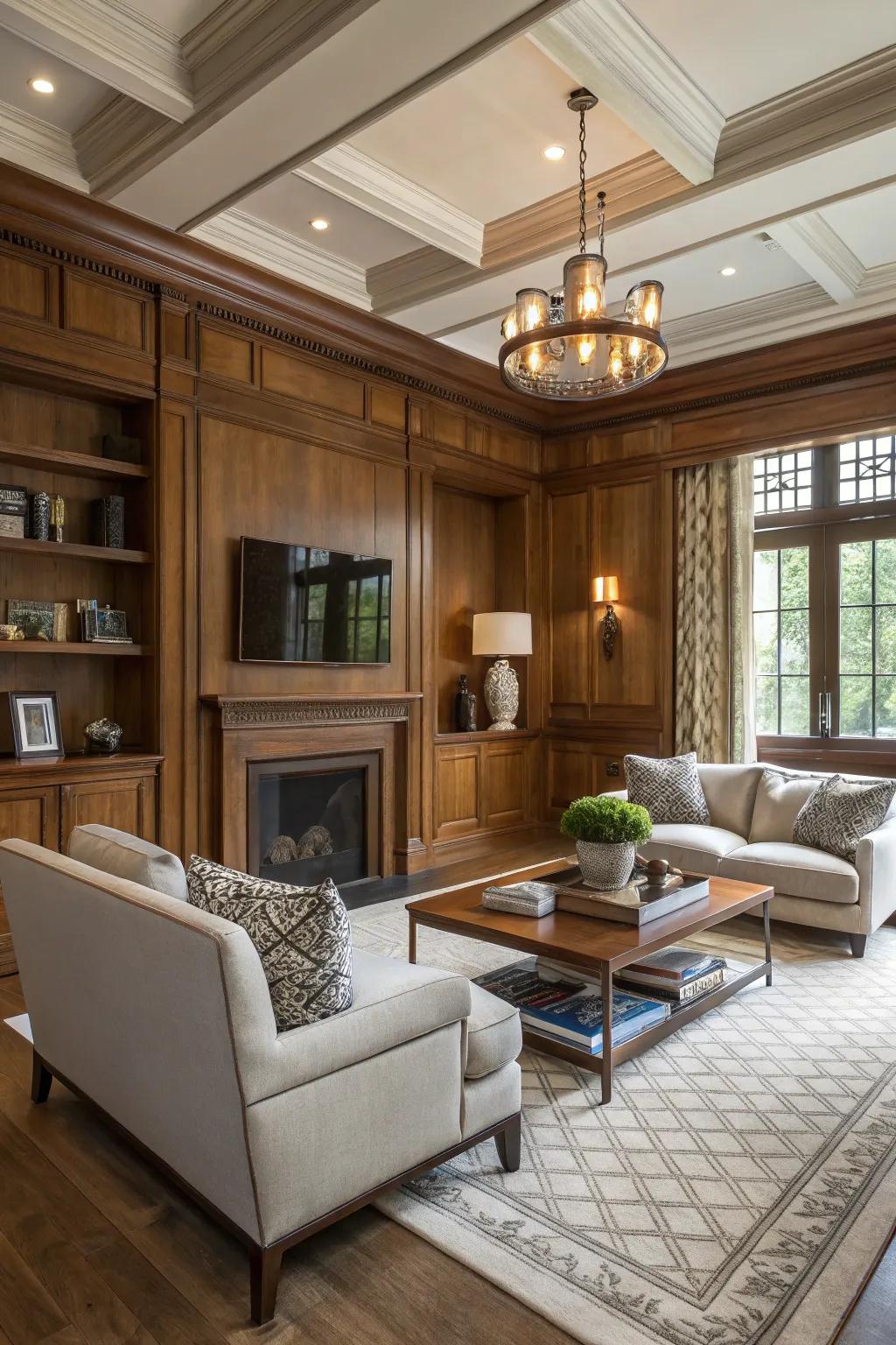 Mixing traditional wood paneling with modern decor creates a unique look.
