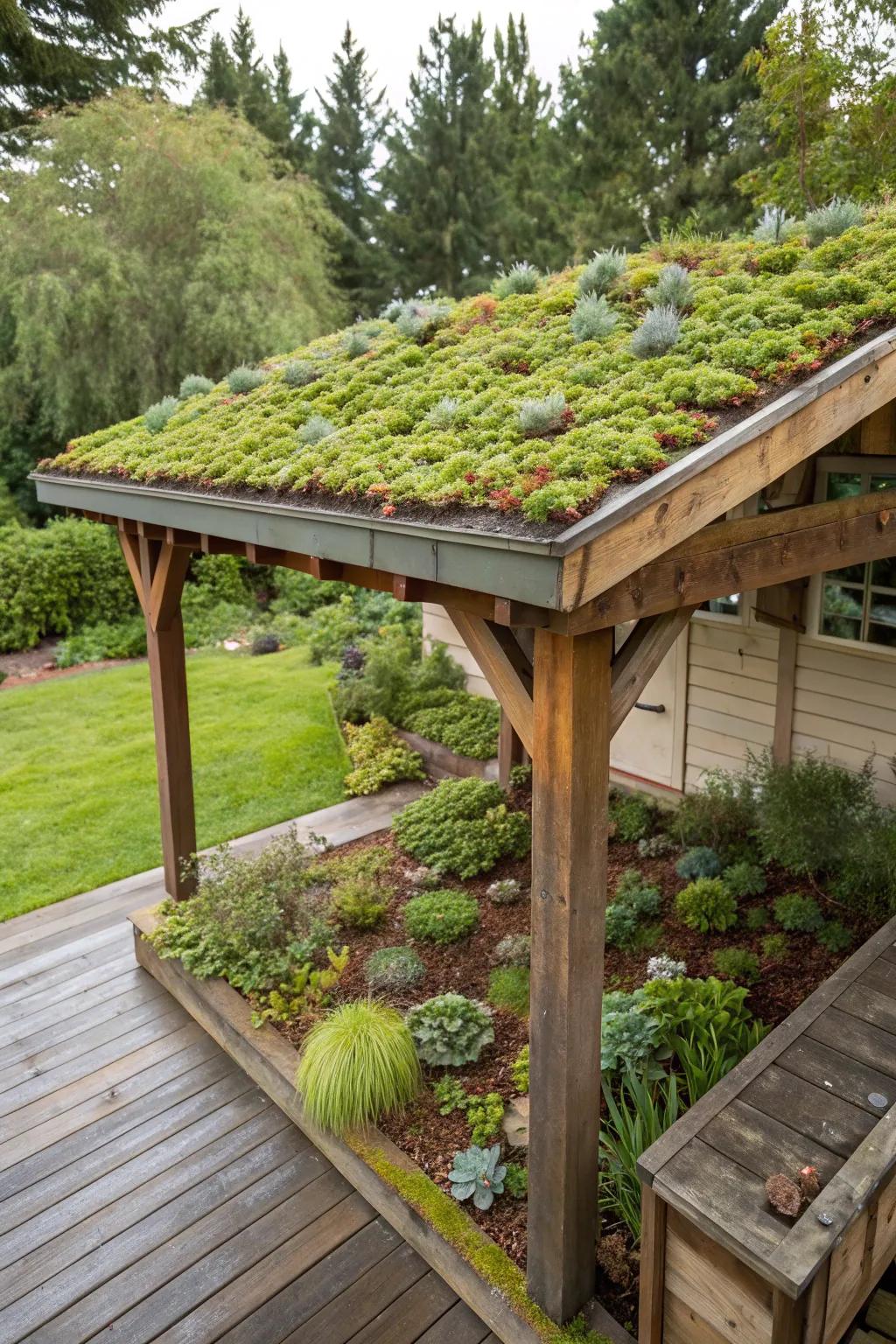 A vibrant verdant roof covering a timber patio shelter.