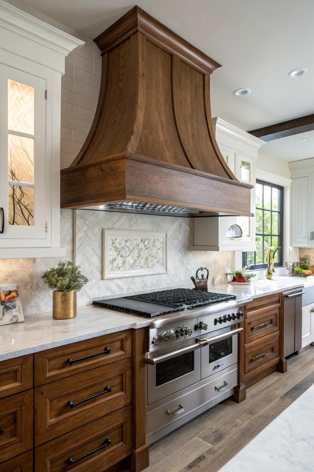 A striking timber range hood can act as a captivating showpiece.