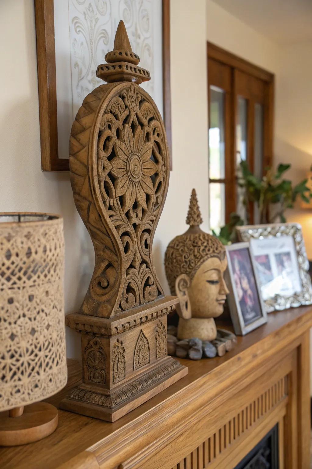Appreciate the artistry of intricately patterned timber sculptures.