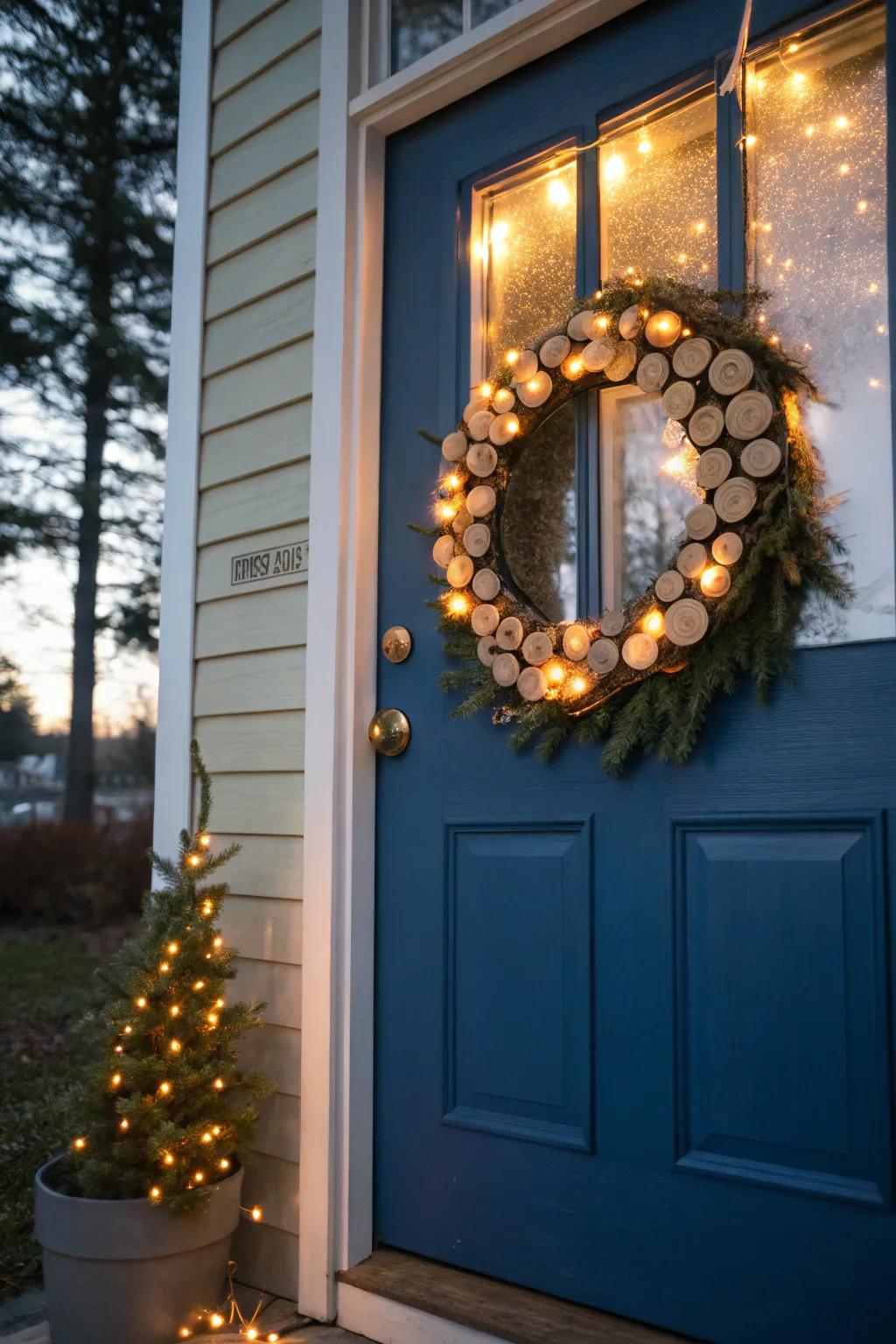 Wood rounds and sparkling lights magic shown to evoke a luminous effect.