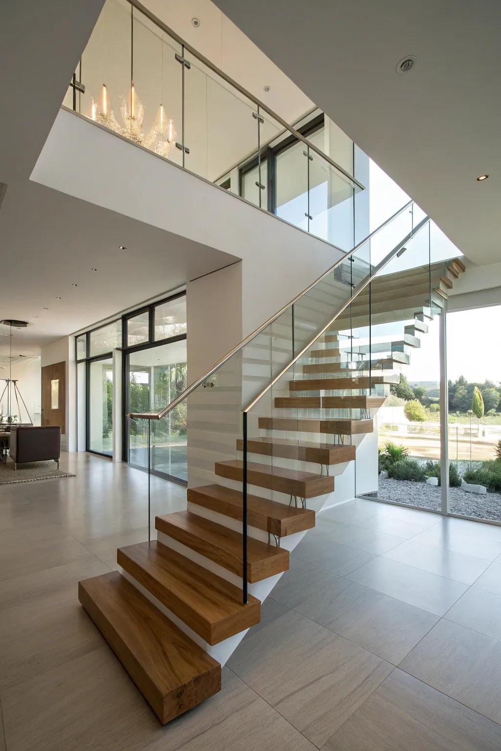 Weightless elegance: hanging steps with simple rails.