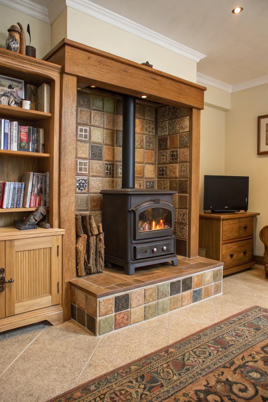 Tile surrounds with built-in storage add functionality and charm to your wood burner area.