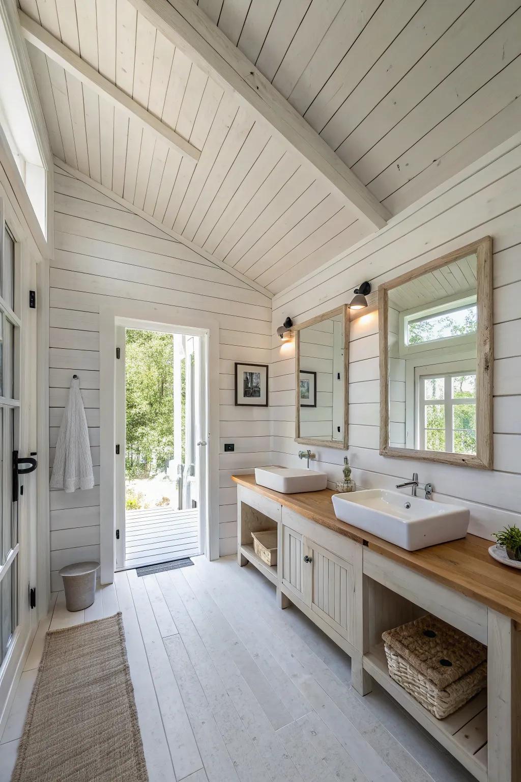 Bright wood paneling makes this bathroom feel inviting.