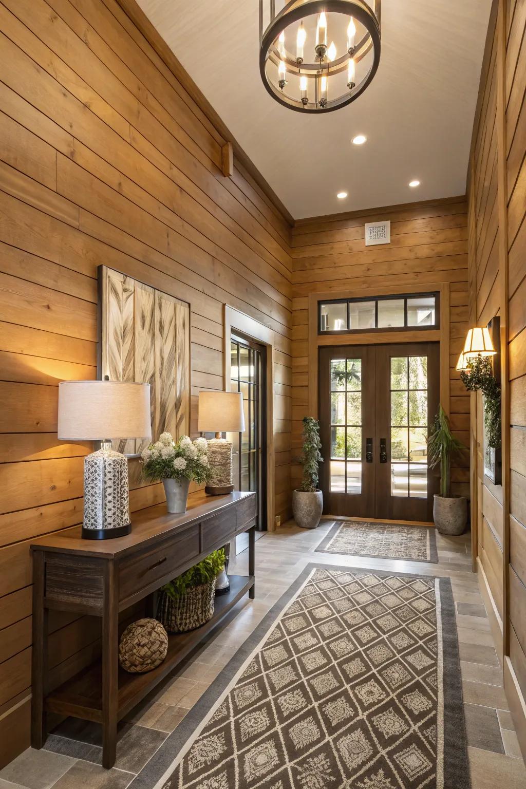 An entryway improved by sophisticated timber paneling.